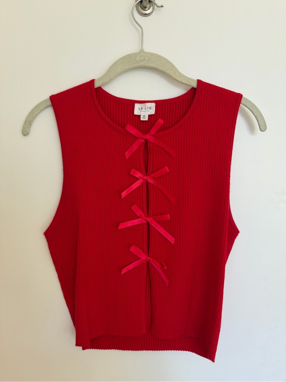 Le Lis Bright Red Ribbed Sleeveless Crop Top with Front Ribbon Bows